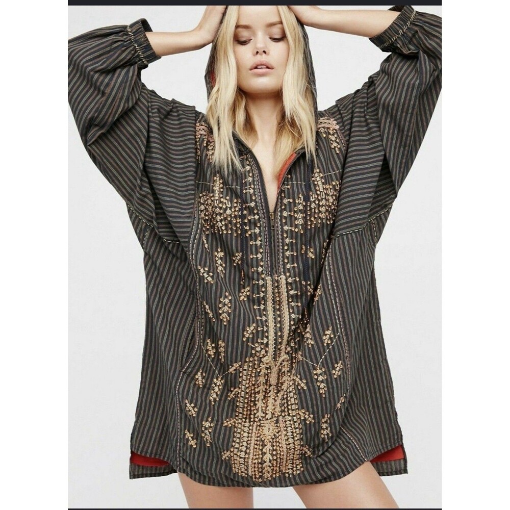 Free People Embroidered Cotton Tunic Pullover Hoodie Boho Festival Half Zip M/L